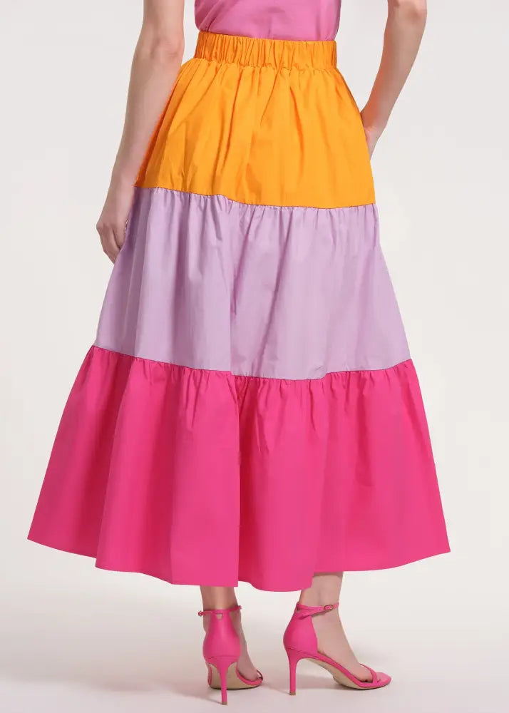 Flowy Tiered Midi Skirt - Pink Multi / XS - Clothing