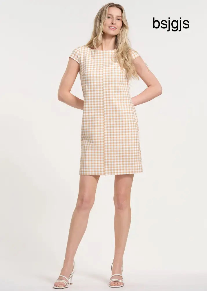 Gingham Cap Sleeve Mini Dress - Khaki/White Gingham / XS - Clothing