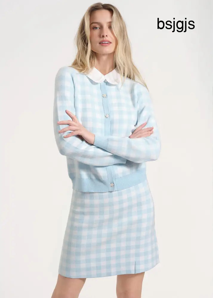 Gingham Patterned Button-Up Cardigan - Cerulean/White Gingham / XS