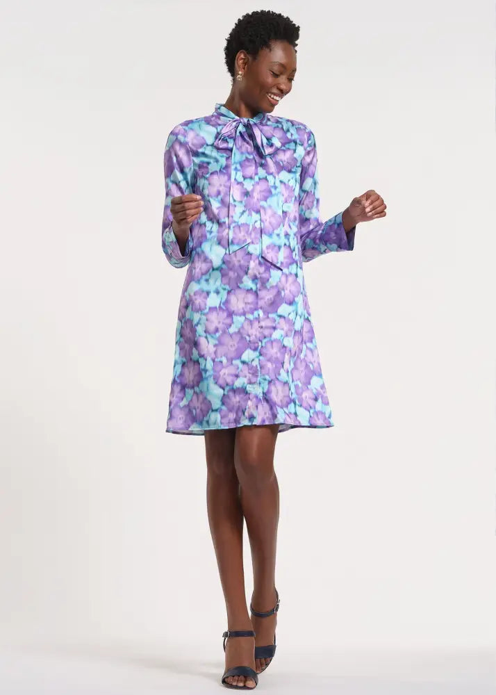 Long Sleeve Tie Neck Mini Dress - Clothing