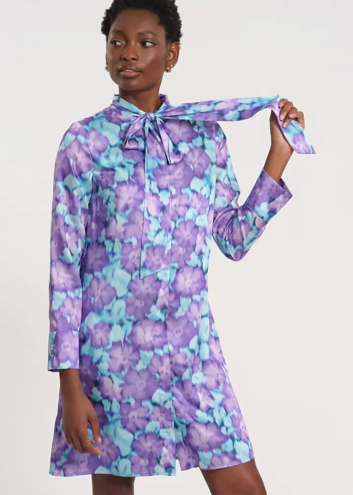 Long Sleeve Tie Neck Mini Dress - Clothing