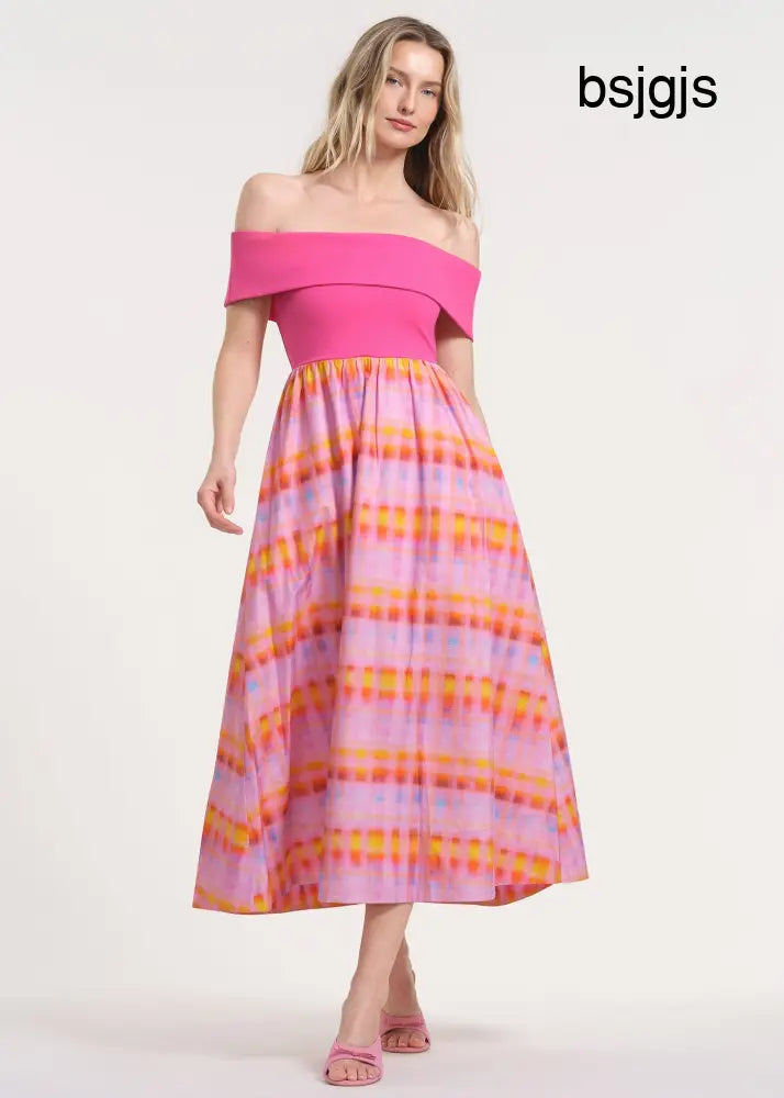 Off The Shoulder Midi-Length Dress - Knockout Pink/Plaid-ish / XS - Clothing