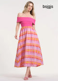 Off The Shoulder Midi-Length Dress - Knockout Pink/Plaid-ish / XS - Clothing