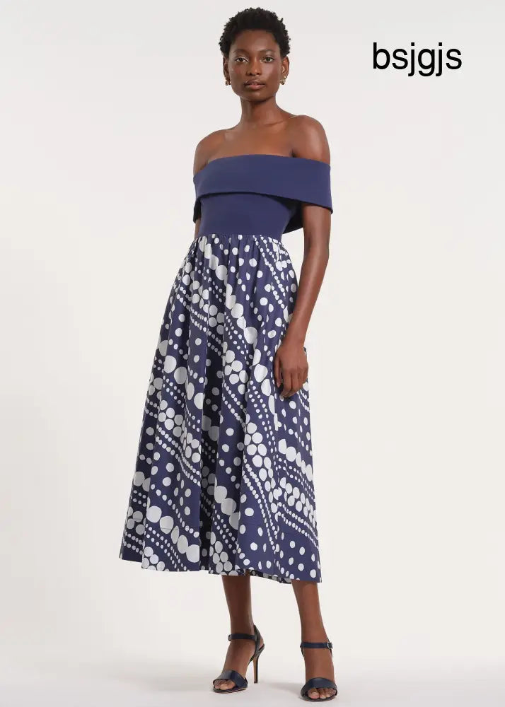 Off-The-Shoulder Midi-Length Dress - Navy/Dot Dot Dot / XS - Clothing