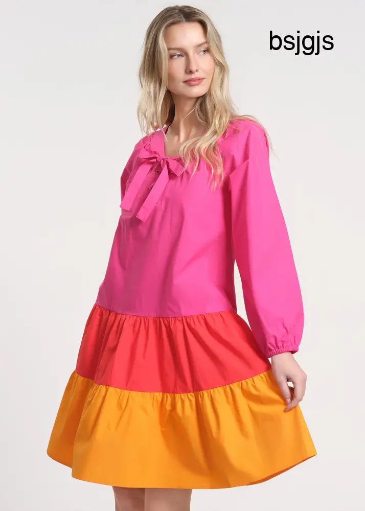 Raglan Dress with Balloon Sleeves - Pink Multi / XS - Clothing