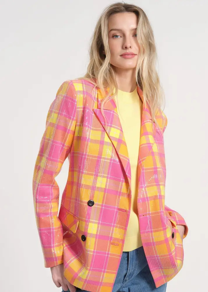 Sequin-Embellished Plaid Blazer with Tailored Fit