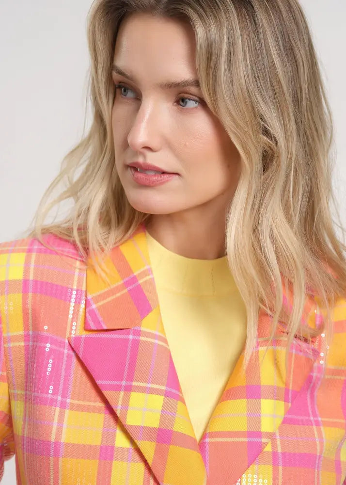 Sequin-Embellished Plaid Blazer with Tailored Fit
