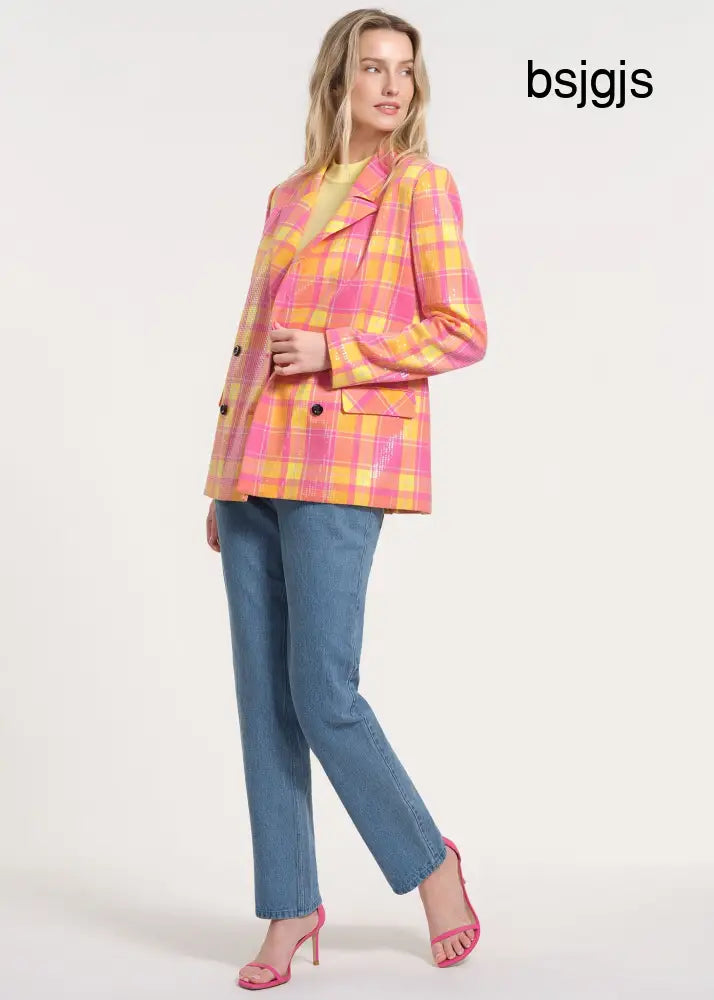 Sequin-Embellished Plaid Blazer with Tailored Fit