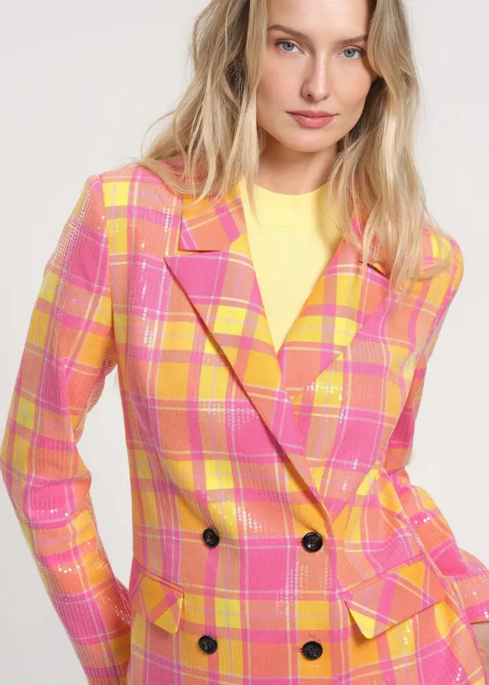 Sequin-Embellished Plaid Blazer with Tailored Fit