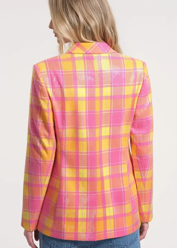 Sequin-Embellished Plaid Blazer with Tailored Fit